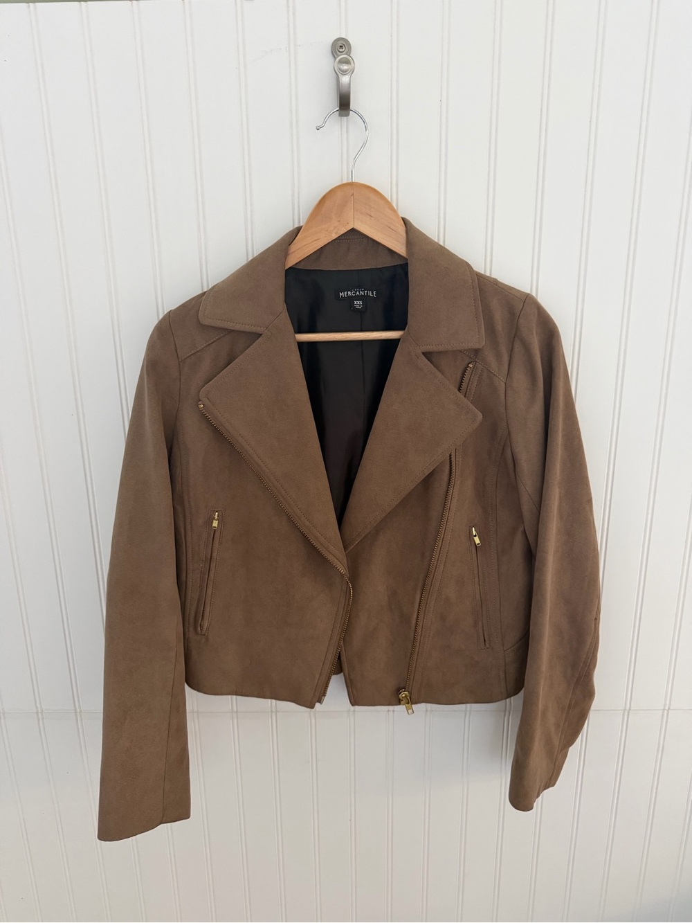 J.Crew Mercantile faux suede moto jacket in a tan color with gold hardware